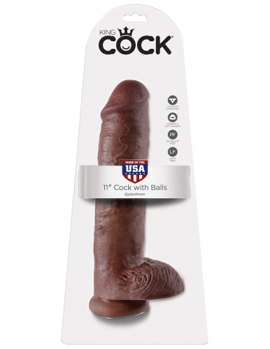 Коричневый фаллоимитатор-гигант на присоске 11  Cock with Balls - 28 см. фото 2