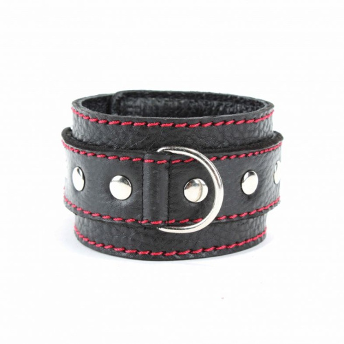 Черные наручники из натуральной кожи с красной строчкой фото 4