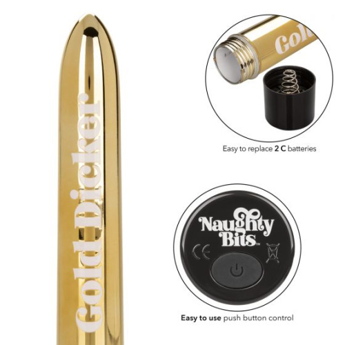 Золотистый классический вибратор Naughty Bits Gold Dicker Personal Vibrator - 19 см. фото 4