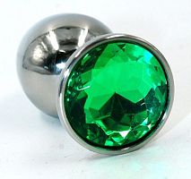 Серебристая средняя анальная пробка с изумрудным кристаллом - 8 см.