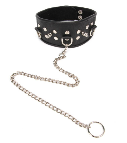 Черный ошейник с шипами и металлическим поводком-цепочкой Черный ошейник с шипами и металлическим поводком-цепочкой