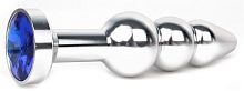 Удлиненная серебристая анальная втулка с синим кристаллом - 11,3 см.