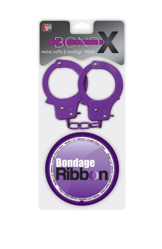 Набор для фиксации BONDX METAL CUFFS AND RIBBON: фиолетовые наручники из листового материала и липкая лента фото 2