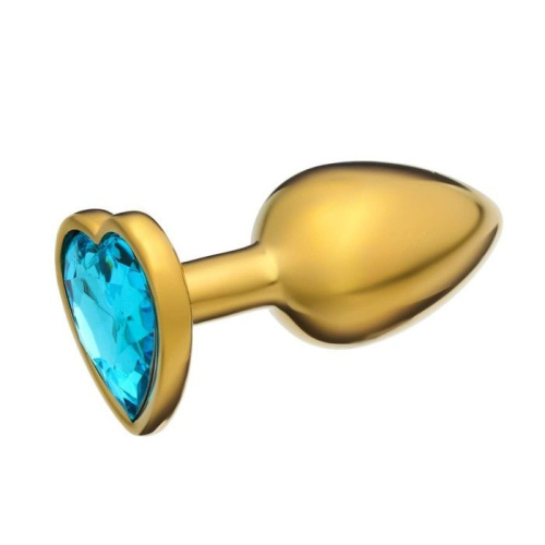 Золотистая анальная пробка с голубым кристаллом в форме сердца - 7 см. фото 2