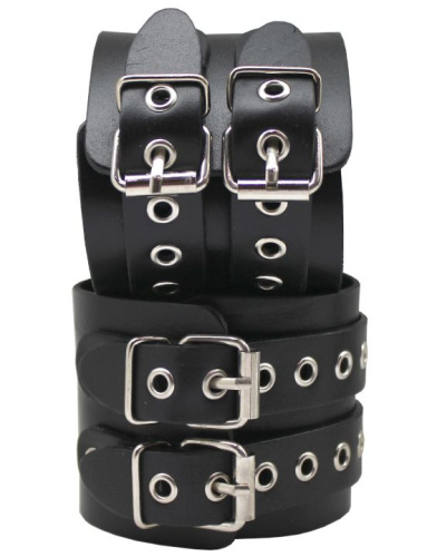 Широкие черные кожаные наручники без подкладки фото 3