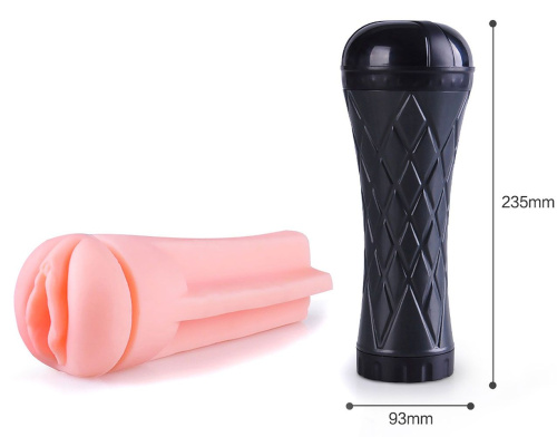 Телесный мастурбатор-вагина в черной колбе с вибрацией фото 3