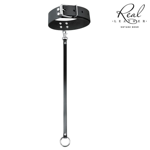Черный кожаный ошейник с ремешком фото 4