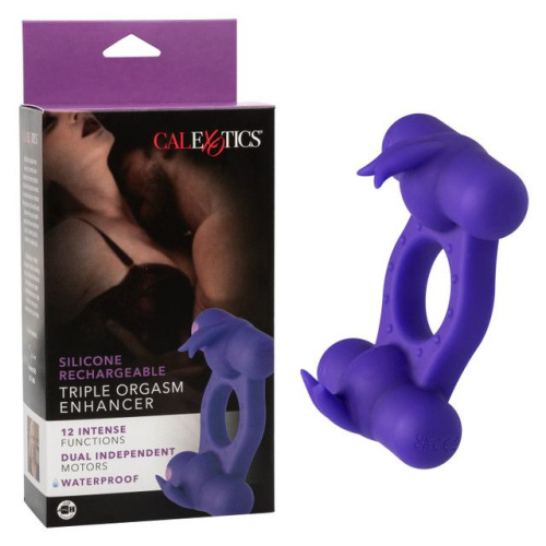 Фиолетовое эрекционное виброкольцо с двумя моторами Silicone Rechargeable Triple Orgasm Enhancer фото 2