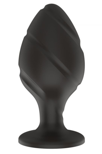 Черная средняя силиконовая анальная пробка с ложбинками по диагонали Черная средняя силиконовая анальная пробка с ложбинками по диагонали