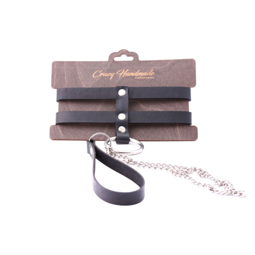 Черный однослойный ошейник из двух ремешков с поводком фото 2