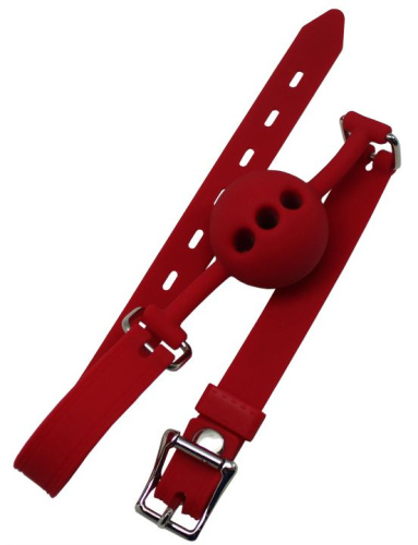 Красный дышащий силиконовый кляп-шарик с фиксацией и замочком фото 3