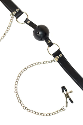 Черный кляп-шар Gratitude с зажимами для сосков фото 2