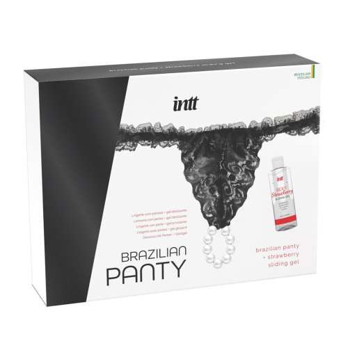 Набор Brazilian Panty: черные трусики со стимулирующими бусинами и массажный гель Sliding Gel Strawberry Набор Brazilian Panty: черные трусики со стимулирующими бусинами и массажный гель Sliding Gel Strawberry