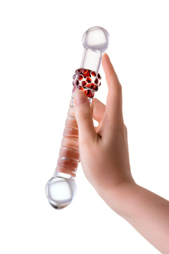 Стеклянный стимулятор с ручкой-шаром и цветными пупырышками - 22 см. фото 2