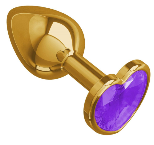 Золотистая анальная втулка с фиолетовым кристаллом-сердцем - 7 см. фото 2