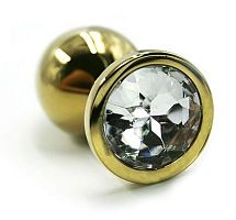 Золотистая алюминиевая анальная пробка с прозрачным кристаллом - 7 см.