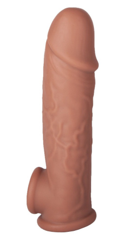 Коричневая удлиняющая насадка с отверстием для мошонки - 18,5 см. Коричневая удлиняющая насадка с отверстием для мошонки - 18,5 см.