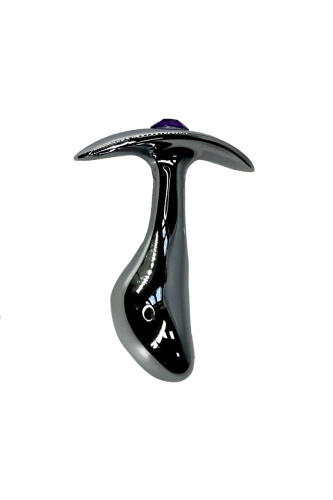 Серебристая изогнутая анальная пробка для ношения c фиолетовым кристаллом - 8 см. фото 2