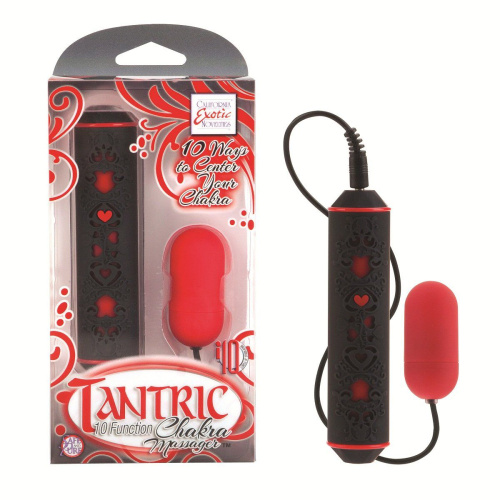 Красный вибромассажер-пулька с декорированным пультом управления TANTRIC