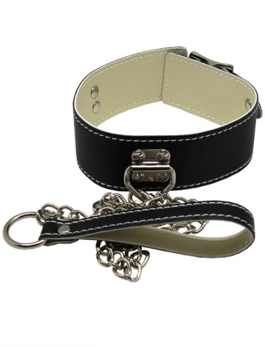 Черный ошейник с металлическим поводком с ручкой фото 4
