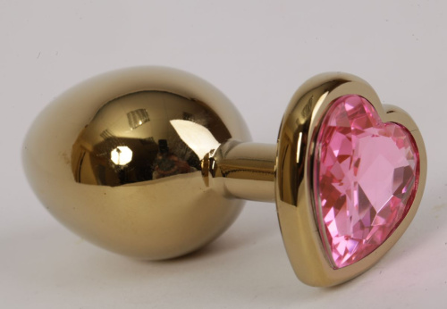 Золотистая анальная пробка с розовым стразиком-сердечком - 7,5 см. фото 2