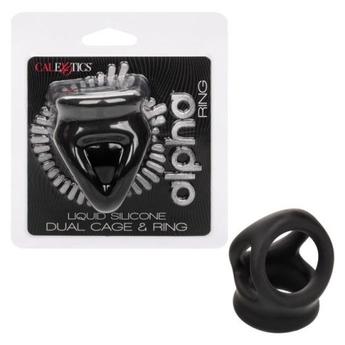 Черное тройное эрекционное кольцо Alpha Liquid Silicone Dual Cage & Ring фото 3