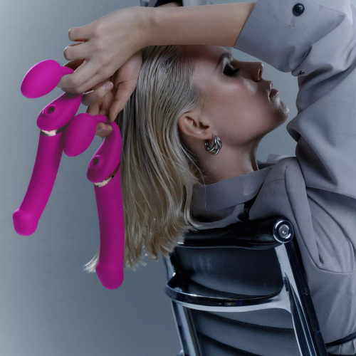 Ярко-розовый безремневой страпон Multi Orgasm Bendable Strap-On size XL с клиторальной стимуляцией фото 5