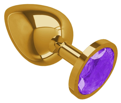 Золотистая большая анальная пробка с фиолетовым кристаллом - 9,5 см. фото 2