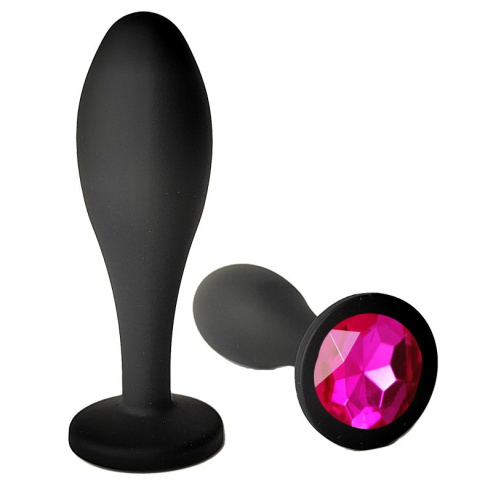 Черная анальная пробка с розовым кристаллом - 9,5 см.
