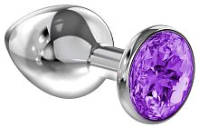 Малая серебристая анальная пробка Diamond Purple Sparkle Small с фиолетовым кристаллом - 7 см.