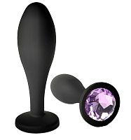 Черная анальная пробка с сиреневым кристаллом - 7,7 см.
