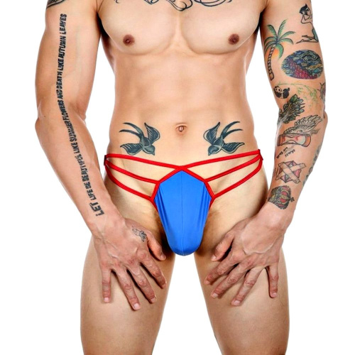Синие сексуальные трусы-стринги на тонких красных бретелях Синие сексуальные трусы-стринги на тонких красных бретелях