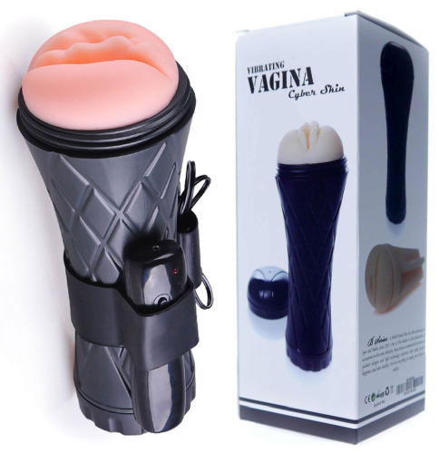 Телесный мастурбатор-вагина в черной колбе с вибрацией фото 2