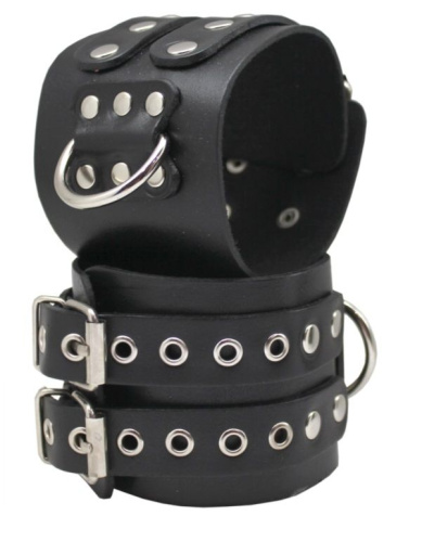 Широкие черные кожаные наручники без подкладки фото 4
