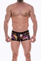 Черные трусы-боксеры с разноцветным принтом в виде надписей и губ Черные трусы-боксеры с разноцветным принтом в виде надписей и губ