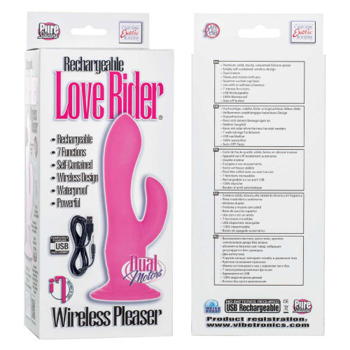 Розовый двухголовый вибратор-насадка Rechargeable Love Rider Wireless Pleaser - 19 см. фото 2