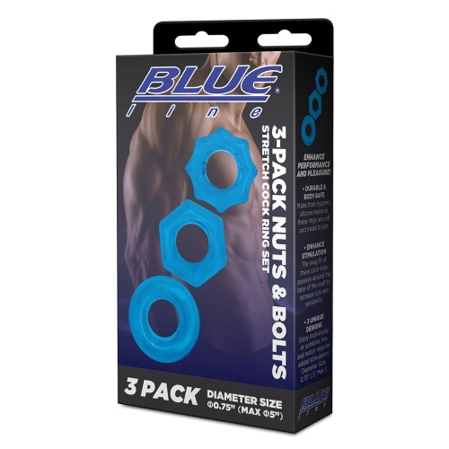 Комплект из трех голубых колец для эрекции 3-Pack Nuts & Bolts Stretch Cock Ring Set фото 4