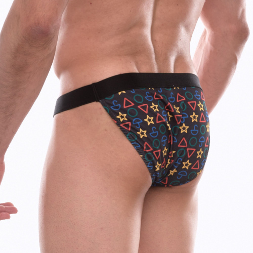 Темно-серые трусы-танга с разноцветным принтом в виде значков фото 2