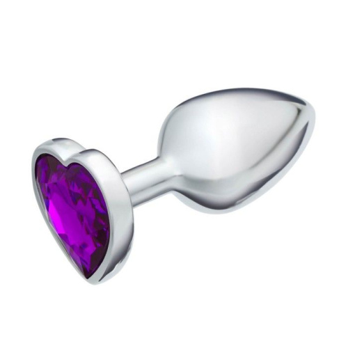 Серебристая анальная пробка с фиолетовым кристаллом в форме сердца - 7 см. фото 2