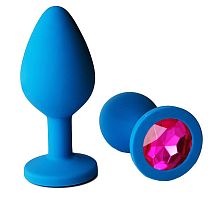 Голубая анальная пробка с розовым кристаллом - 8 см.