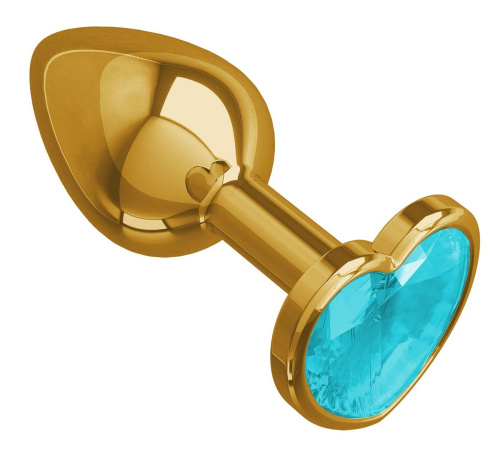 Золотистая анальная втулка с голубым кристаллом-сердцем - 7 см. фото 2