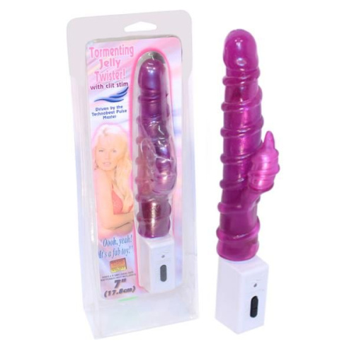 Фиолетовый вибратор со спиралевидным рельефом и клиторальным отростком фото 2