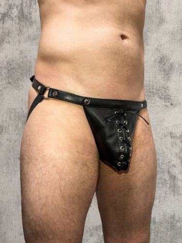 Кожаные мужские трусы-джоки со шнуровкой фото 3