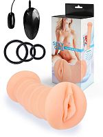 Телесный двусторонний мастурбатор с вибропулей и эрекционными кольцами в комплекте