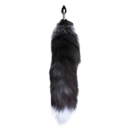 Серебристая анальная пробка с темным лисьим хвостом Black & White Fox Tail Size S фото 3