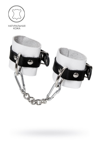 Бело-черные кожаные наручники с одним ремешком с люверсами Бело-черные кожаные наручники с одним ремешком с люверсами