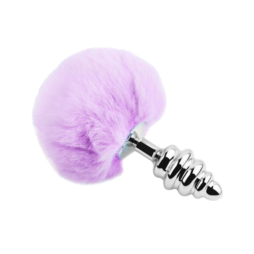 Серебристая анальная пробка с сиреневым мехом Metal Anal Fluffly Twist Plug L фото 2
