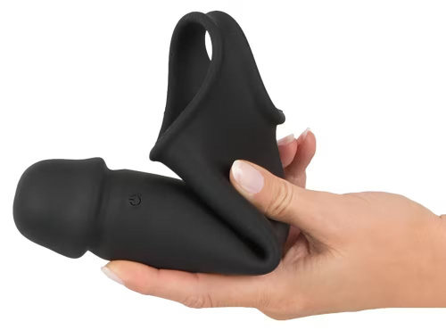 Черная вибронасадка для пениса с хомутом для мошонки и пультом ДУ Remote Controlled Penis Extension фото 5