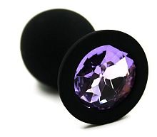 Чёрная силиконовая анальная пробка с светло-фиолетовым кристаллом - 7 см.