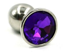 Серебристая малая анальная пробка с фиолетовым кристаллом - 7 см.